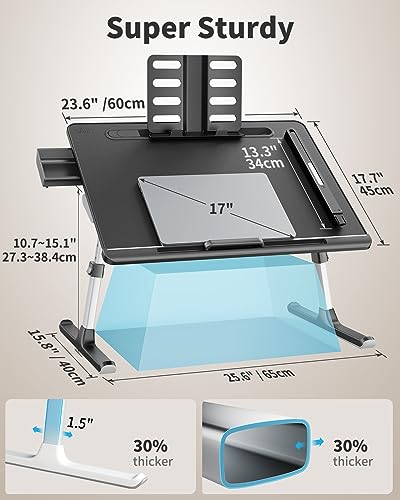 Laptop Bed Tray Desk with LED Desk Light, SAIJI Adjustable Laptop Stand for Bed, XX-Large PVC Leather Foldable Table with Book Stand,Wrist Rest, Extra Leg Room(Black) - color: Black