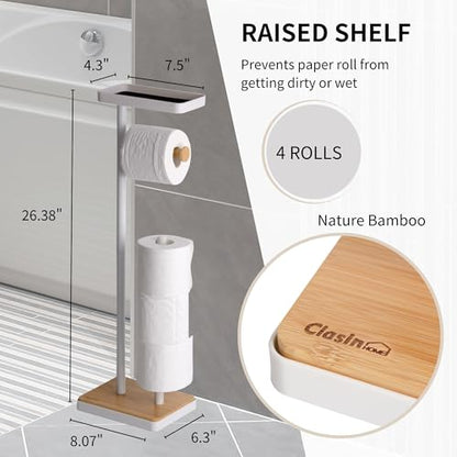 Clasin Home Toilet Paper Holder Stand, Free Standing Toilet Paper Holder with Storage and Top Shelf, White Toilet Paper Stand Weighted Base with Bamboo Design for Bathroom - color: White With Bamboo Base