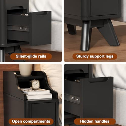 7.87"Narrow Side Table, Wood Small 2 Drawer Nightstand with Charger Station | Thin Couch Side End Table, Skinny Bedside Table Small Spaces, Mid Century Modern Night Stand with Drawers, Black - color: Black, size: Narrow (2 drawer)