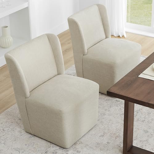 KISLOT Upholstered Dining Chairs Set of 1 with Casters, Wingback Modern Side Armless Deskchair with Rollers for Diningroom Bedroom Livingroom Reading Room, Cream Beige Fabric - color: A Cream Beige Fabric, size: Set of 1