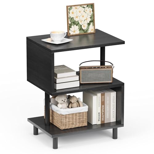 Apicizon S-Shaped Side Table, 3-Tier Nightstand with Solid Wood Legs, Slim Bedside Table with Storage Shelf, Modern End Table for Small Spaces, Bedroom, Living Room, Entryway, Black - color: Black
