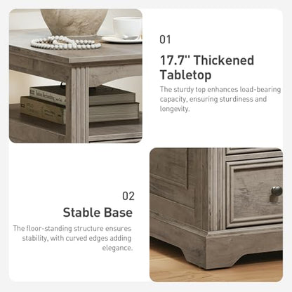Farmhouse End Table with 2 Drawers, Narrow Sofa Side Table with Storage and Open Shelf, Wooden Nightstand for Small Spaces, Bedroom, Living Room, Greige - color: Greige