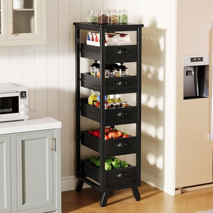 Tribesigns Black Wood Fruit and Vegetable Storage Rack, 5-Tier Narrow Snack Stand Kitchen Stand Fruit Basket, Pull-Out Utility Organizer for Kitchen, Living Room - color: Black