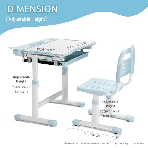 Rengue Kids Desk and Chair Set, Height Adjustable Children School Functional Study Desk with 55° Tiltable Desktop, 3 Modes & Brightness LED Light, Storage Drawer & Metal Hook for Boys Girls (Blue) - color: Blue