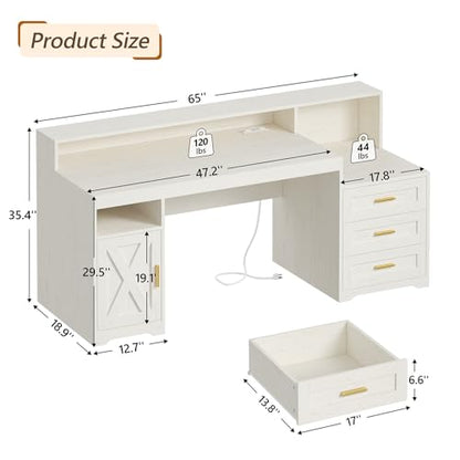 TVU 65" White Computer Desk with Drawers and Printer Stand for Home Office | Office Desk with Power Outlets and Storage Cabinet, Study Writing Desks with Long Monitor Stand - color: White