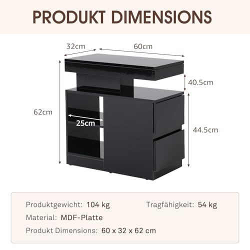 OC Orange-Casual LED End Table with Power Outlet, High Glossy Sofa Side Table, Small Nightstand with Drawer and Storage Cabinet, Narrow Side Table with Charging Station for Living Room (1, Black) - color: Black