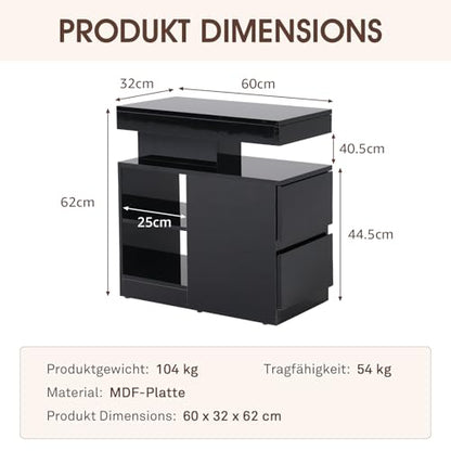 OC Orange-Casual LED End Table with Power Outlet, High Glossy Sofa Side Table, Small Nightstand with Drawer and Storage Cabinet, Narrow Side Table with Charging Station for Living Room (1, Black) - color: Black