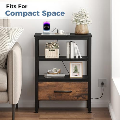 DUMOS Nightstands Set of 2 with Charging Station, Bedside Table with 1 USB-A, 1 USB-C & 2 AC Outlets, Fabric Drawer with Adjustable Open Shelf, Compact End Table for Bedroom, Black & Brown - color: Black and Brown, size: 15.7"Dx11.8"Wx23.4"H(1 Drawer, 2 P