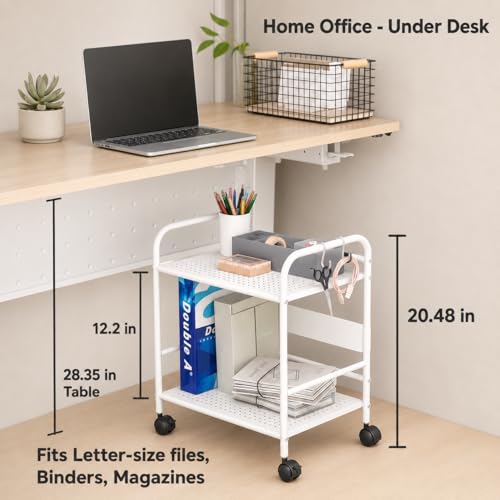 2-Tier Metal Rolling Cart, Compact Under Desk Storage Organizer | 12.2" clearance fits binders & tall bottles; anti-drop safety guard; small space mobile shelf for home, bedroom & office. - color: White
