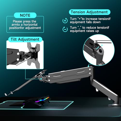 Pholiten 2 in 1 Laptop Desk Mount with Gas Spring Arm, Monitor Laptop Stand for 12-17 Inch Notebook and 13-32 Inch Computer Screen, Holds 22lbs, Full Motion with Vented Tray