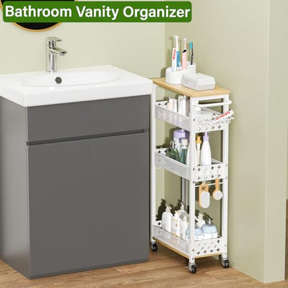 Utility Slim Storage Cart for Home Laundry Room, Bathroom, Kitchen | 4-Tier narrow rolling cart for small space, Holds tall bottles, Upgraded metal hub casters, Premium wood & metal mesh shelves