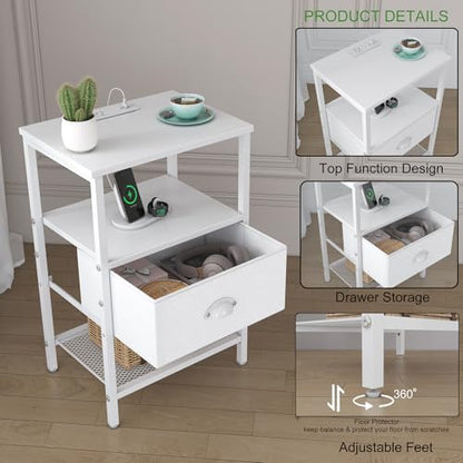 sthmec Nightstands Set of 2, LED Night Stands with Charging Station and Fabric Drawer, Bedside Tables with Drawers, 2- Tier LED Side Table End Table Charging Station Bedroom, White - color: White, style: Power & LED