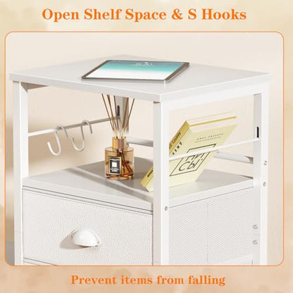 Furologee Nightstands Set of 2, End Table with 2 Fabric Drawers, Night Stand with 2 Hooks, Open Wood Shelf Bedside Table for Bedroom/Living Room/White - color: White, style: 2 pc