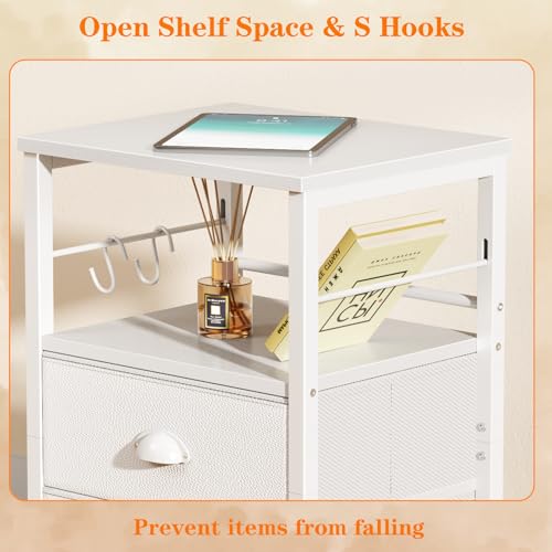Furologee Nightstand Bedside Table with 2 Fabric Drawers, White Side Table with 2-Tier Shelf, Night Stand with Hooks, for Bedroom, Living Room, Backboard Design, Wooden Top, Metal Frame, White - color: White, style: 1pc