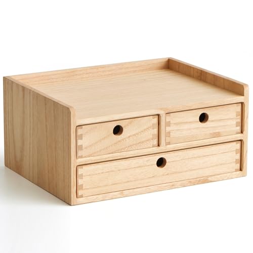 KIRIGEN Wood Organizer Shelf with 3 Drawers for Home Kicthen Decor Office Supplies Desktop Cabinet for Drawer Organizer - Desk Accessories Storage Box -Countertop Shelf Natural（DT2D3C-NA） - color: Natural, size: 2 layer-3 drawers