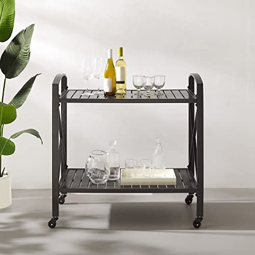 HomeStock Mediterranean Magic Outdoor Metal Bar Cart, Oil Rubbed Bronze, 18.88" D x 36.88" W x 35.5" H, Tiered Shelving Storage Cart, Outdoor Bar Serving Cart, Modern Bar Cart