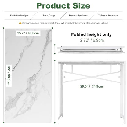 Lutown-Teen 35 inch Folding Small Desk, Writing Gaming Computer Camping Desk for Small Spaces, No Assembly Required Home Office Table, White Marble - color: White Marble, size: 35 Inch