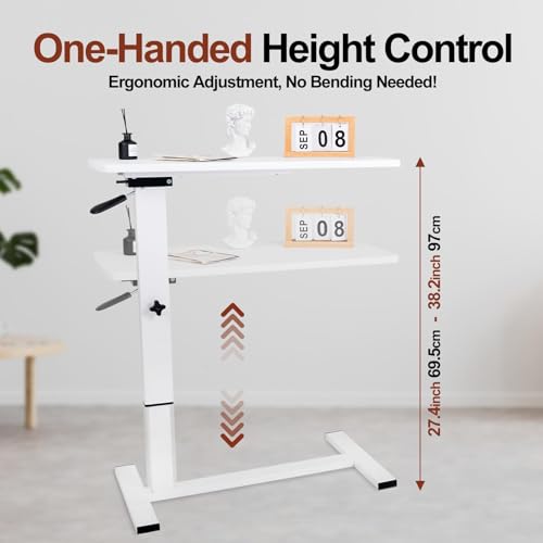 Overbed Bedside Table with Wheels, Adjustable Pneumatic Mobile Standing Desk, Laptop Table Rolling Bed Desk Foldable for Hospital & Home (32" W x 16" D, White) - size: 27“-38”