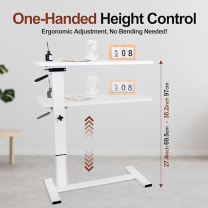 Overbed Bedside Table with Wheels, Adjustable Pneumatic Mobile Standing Desk, Laptop Table Rolling Bed Desk Foldable for Hospital & Home (32" W x 16" D, White) - size: 27“-38”