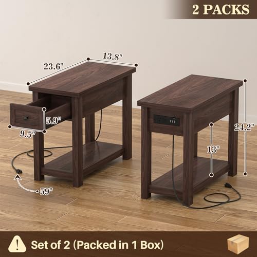 Narrow End Table Set of 2 with Charging Station - Farmhouse Side Tables with Drawers, 14" Wood Nightstands Set of 2 for Bedroom Living Room, Slim Couch Bedside Table Small Spaces, Black Walnut - color: Black Walnut, size: 2 Pack