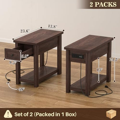 Narrow End Table Set of 2 with Charging Station - Farmhouse Side Tables with Drawers, 14" Wood Nightstands Set of 2 for Bedroom Living Room, Slim Couch Bedside Table Small Spaces, Black Walnut - color: Black Walnut, size: 2 Pack