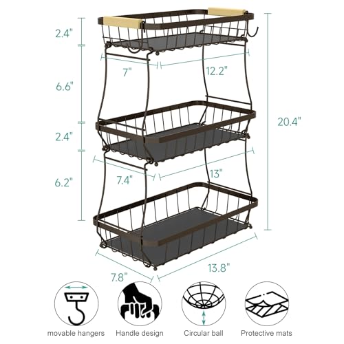 Sevenblue 3-Tier Fruit Basket with Banana Hangers, Detachable Metal Bowl | Wooden handle, protective mats included. Versatile holder for bread, snacks, and veggies. Large 3 tier metal design. - color: Brown, size: 3 Tier