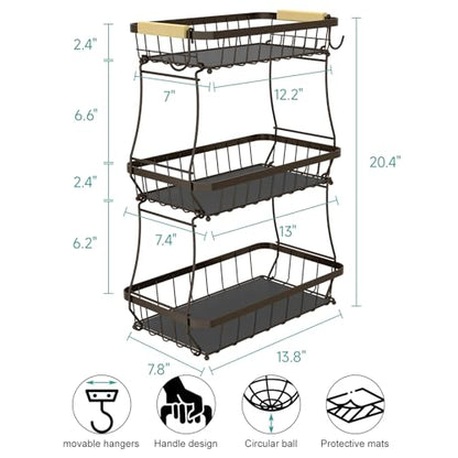 Sevenblue 3-Tier Fruit Basket with Banana Hangers, Detachable Metal Bowl | Wooden handle, protective mats included. Versatile holder for bread, snacks, and veggies. Large 3 tier metal design. - color: Brown, size: 3 Tier