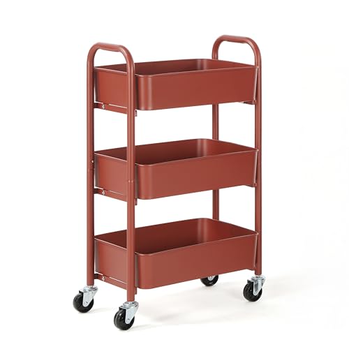 SunnyPoint 3-Tier Delicate Compact Rolling Metal Storage Organizer - Mobile Utility Cart Kitchen/Under Desk Cart with Caster Wheels (RED, 15.35" X 10.24" X 26.8"H) - color: Red