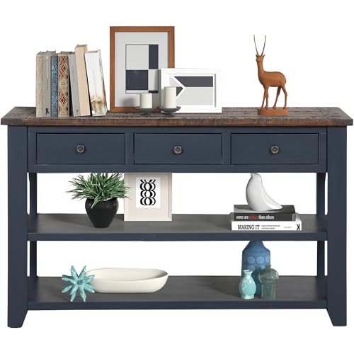 LKTART Solid Wood Console Table for Entryway;Sofa Table with Storage | 48.8 Inch Blue Real Wood Farmhouse Console Table with Drawers;Entry Way Table for Living Room,Foyer,Hallway;Easy Assembled - color: Blue