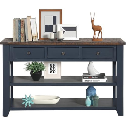 LKTART Solid Wood Console Table for Entryway;Sofa Table with Storage | 48.8 Inch Blue Real Wood Farmhouse Console Table with Drawers;Entry Way Table for Living Room,Foyer,Hallway;Easy Assembled - color: Blue