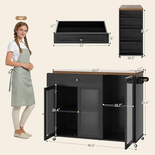Kitchen Island with Power Outlet - Kitchen Cart on Wheels with Storage Cabinets & Drawers, Rolling Island Table with Spice & Towel Rack, Portable Islands with Large Wood Counter, Dinning Room - color: Black