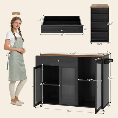 Kitchen Island with Power Outlet - Kitchen Cart on Wheels with Storage Cabinets & Drawers, Rolling Island Table with Spice & Towel Rack, Portable Islands with Large Wood Counter, Dinning Room - color: Black