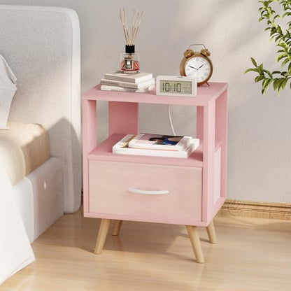 Huhote Kids Nightstand, 2-Tier Night Stand with Charging Station and Drawer, Modern Side Table for Bedroom, Study Room Small Spaces, Pink - color: Pink, size: 2-Tier with Charging