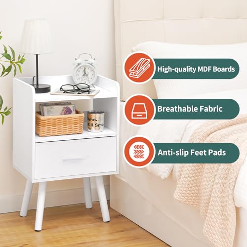 Yoobure Modern Nightstand with Drawer, Bedside Tables, Mid Century Nightstands with Open Storage Shelf, Wood Bedside Table, Small Night Stands for Bedrooms, 2-Tier Night Table - color: White