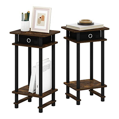 Furinno Turn-N-Tube Tall End Side Night Stand/Bedside Table with Bin Drawer, 2-Pack, Amber Pine/Black/Black | Tall Narrow Modern End Table with Storage Bin, Open Shelf Night Stand, Bedside Table, for Living Room, Bedroom - color: Amber Pine/Black/Black, s