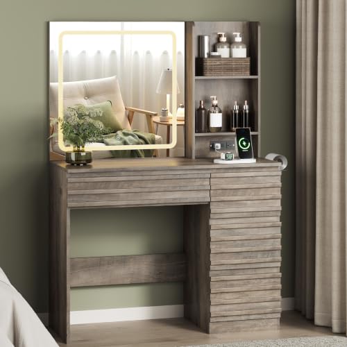 Makeup Vanity Desk with Lights, Fluted Vanity with 4 Drawers, Open Shelves, Power Outlet, LED Lighted Mirror, 3 Lighting Modes & Brightness Adjustable, Wood Dressing Table for Bedroom,Wood Grey - color: Wood Grey