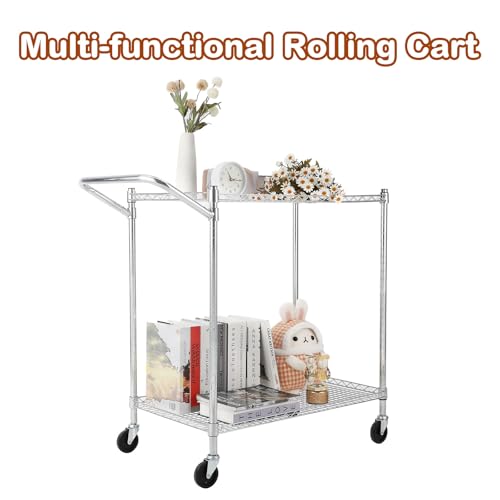 TrailBlaze Kitchen Utility Cart, 2-Tier Wire Rolling Utility Cart, Stainless Steel Service Cart w/Wheels and Adjustable Storage Rack Handle - for Laundry, Garage, Bathroom - Low Handle - size: 2-Tiers low handle
