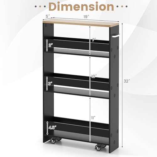 4-Tier Slim Rolling Storage Cart, Wooden Kitchen Utility Cart with Wheels & Handle, Space Saving Trolley, Slide Out Shelving Unit for Narrow Spaces, Laundry, Bathroom (Black + Natural) - color: Black + Natural