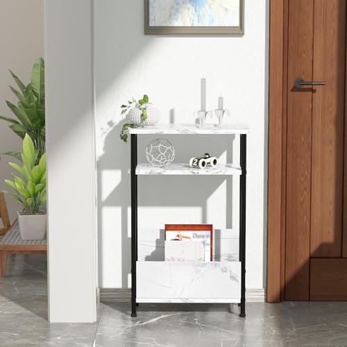 THUMEYE 7.1" Narrow Side Table for Small Spaces, 3 Tier Small End Table with Magazine Holder, Slim/Skinny Nightstand/Bedside Table for Living Room, Bedroom, 15.4" L x 24.2" H, Faux White Marble - color: Faux White Marble