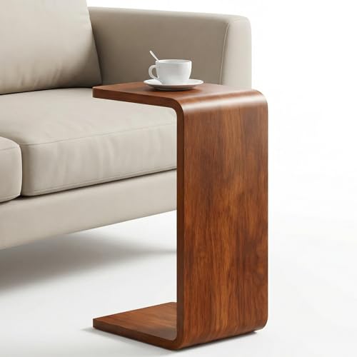 CHSSIH C Shaped End Table for Couch - Wooden Sofa Side Table, Slide Under Couch Table for Living Room, Bedroom, Laptop, Coffee, Small Space Narrow Furniture, Walnut