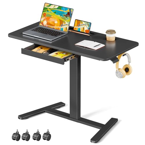 Mobile Standing Desk with Drawer, 40" Small Standing Desk with Cup Holder, Rolling Laptop Workstaion on Wheels, Height Adjustable Table with Storage for Home Office, Black - color: Black, size: 40"