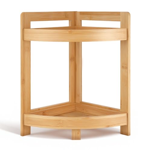 2026 New Bamboo Standing Shelf, 2 Tier Corner Shelf Stand, bathroom counter/sink organizer, Triangular Curved Corner Shelf Stand for Space-Saaving Display Ideal for Bathroom/Kitchen/Living Room - size: 2-Tier