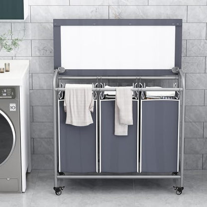 LINZINAR 3-Bag Laundry Hamper with Ironing Board, Grey 135L Laundry Sorter | Laundry Room Organization with Heavy Duty Rolling Lockable Wheels and Removable Bag, Bedroom Laundry Cart for Clothes Storage - size: 3 Bags Grey with Board