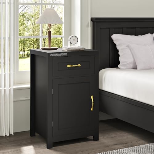 Black Nightstand with Drawer, Farmhouse End Table with Storage Cabinet and Adjustable Shelf, 30" Tall Bedside Table Rustic Wood Sofa Side Table for Living Room, Bedroom - color: Black, size: 1pc