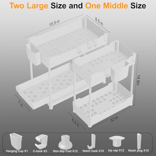 Sevenblue 3 Pack Under Sink Organizers, 2-Tier Multi-Use Kitchen and Bathroom Organizers and Storage with Sliding Drawers, Bathroom Cabinet Organizer (White, 14.8 Inch) | Multi-use kitchen & bathroom storage, 14.8 inch white cabinet organizer, space-savin