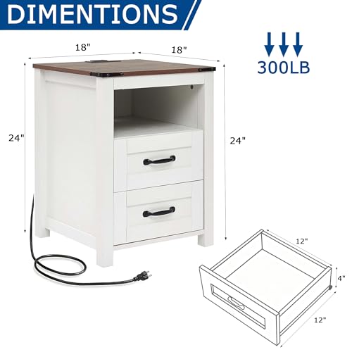 Farmhouse Night Stand, Rustic White Nightstand for Bedroom, End Tables with Charging Station, Bedside Table with Drawers, Wood Bedside Cabinet Dresser - color: White, size: 1pcs with Charging