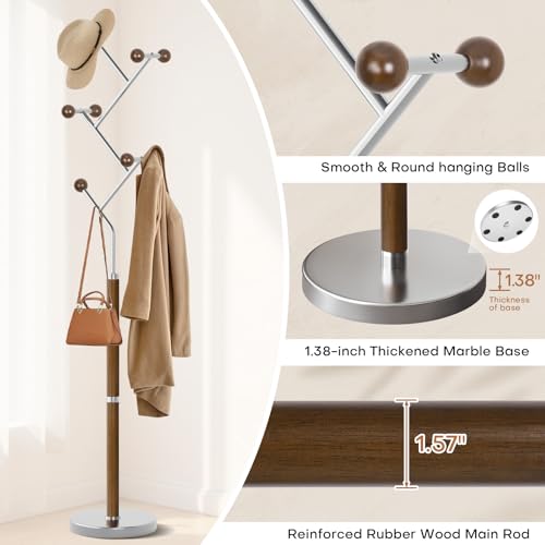 Coat Rack Freestanding Metal Coat Tree with 8 Rubber Wood Hooks | Heavy Duty Standing Coat Rack, Stainless Steel Marble Base, Coat Hanger Stand for Bedroom Entryway Hallway, Hat, Bags - color: A