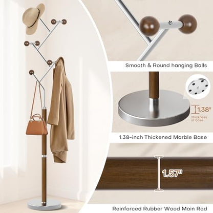 Coat Rack Freestanding Metal Coat Tree with 8 Rubber Wood Hooks | Heavy Duty Standing Coat Rack, Stainless Steel Marble Base, Coat Hanger Stand for Bedroom Entryway Hallway, Hat, Bags - color: A