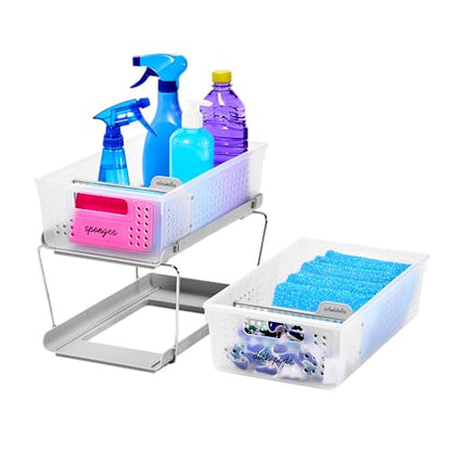 madesmart 2 Tier Organizer, Under Cabinet Storage with Pull Out Sliding Drawers, for Cleaning Supplies, Pantry, Undersink, Sponges, Bottles & Bath, Adjustable Dividers & Pull Out Baskets, Frost - color: Frost + Dividers
