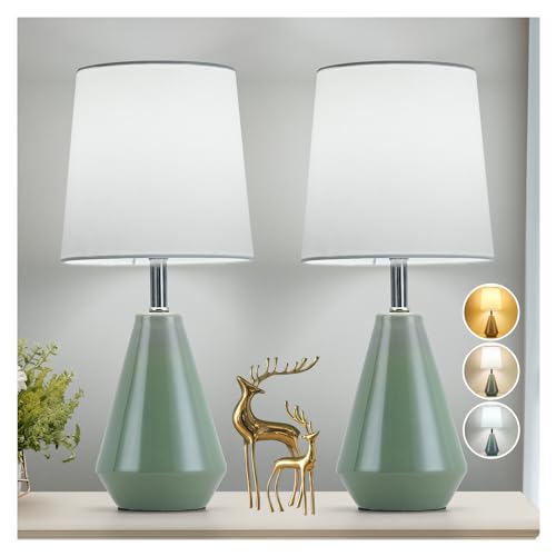 Small Bedside Table Lamp for Bedroom-Reading Desk Lamp Set of 2,with 3 Color Temperatures,15.5" Nightstand Ceramic Lamp with Fabric Shade for Kids Room,Living Room,Dorm,Home Office (Green+White ) - color: Green+White-2, size: 15.5"